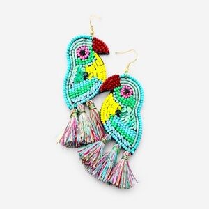 Multi Bead Sequin Parrot Tassel Dangle Earrings Turquoise Multi